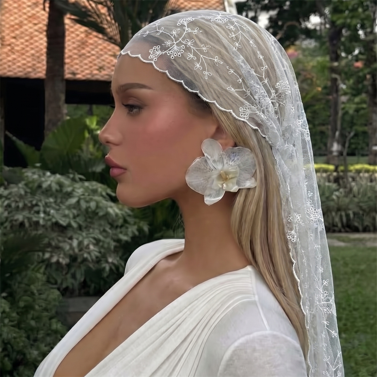 Head Wrap Turban - Beyaz Çiçekli Dantel Örgü Başörtüsü Kadınlar