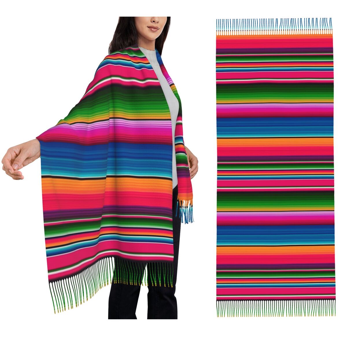 Woven Scarf Blanket - Meksika Battaniyesi Çizgili Fiesta Şalı Püsküllü